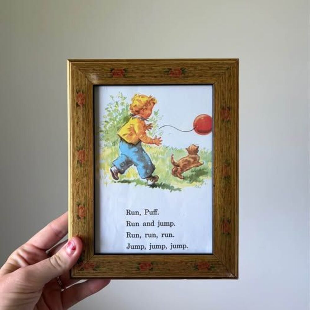 Floral Portrait Photo Frame w Vintage Dick and Jane Children’s Book Page
